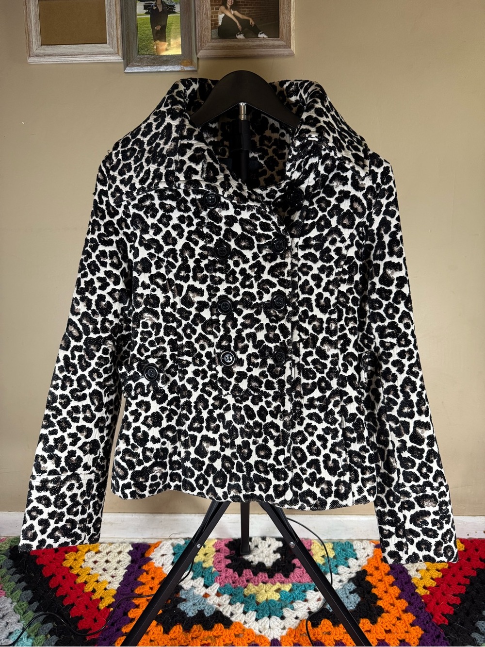Forever 21 Y2K Black & White Leopard Print Peacoat